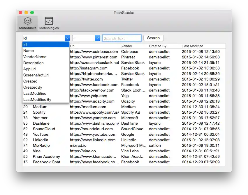 TechStack Desktop Search Fields