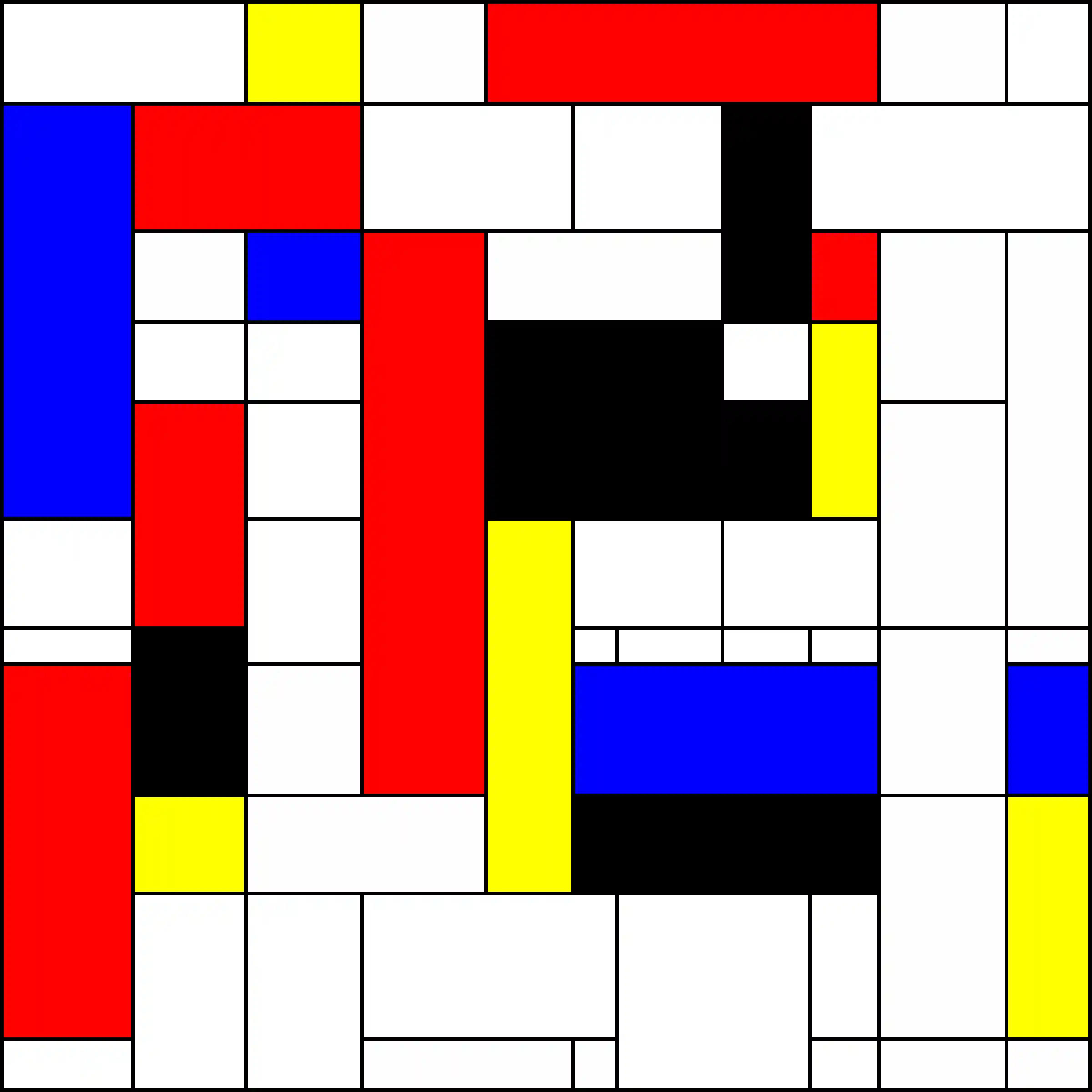 Mondrian-like art, with several rectangles, mostly white, but only using red, yellow, blue, black, and white.