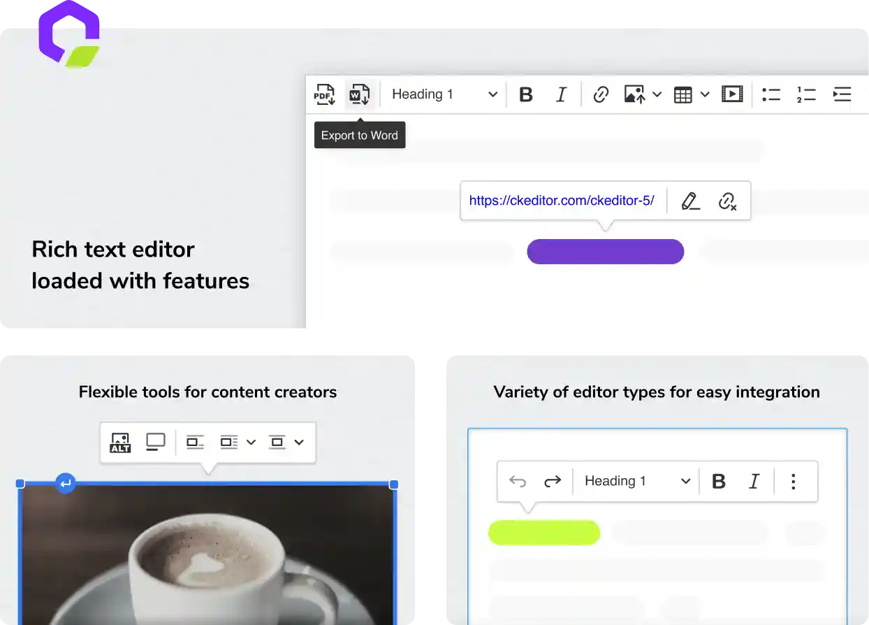 A composition of screenshots presenting various features of CKEditor 5 rich text editor