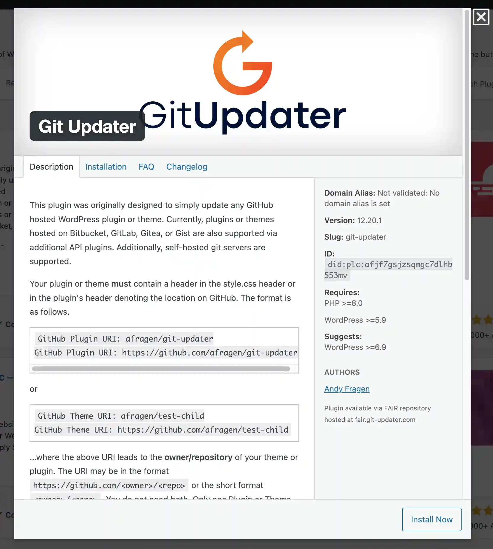 Plugin details modal for a FAIR-managed plugin