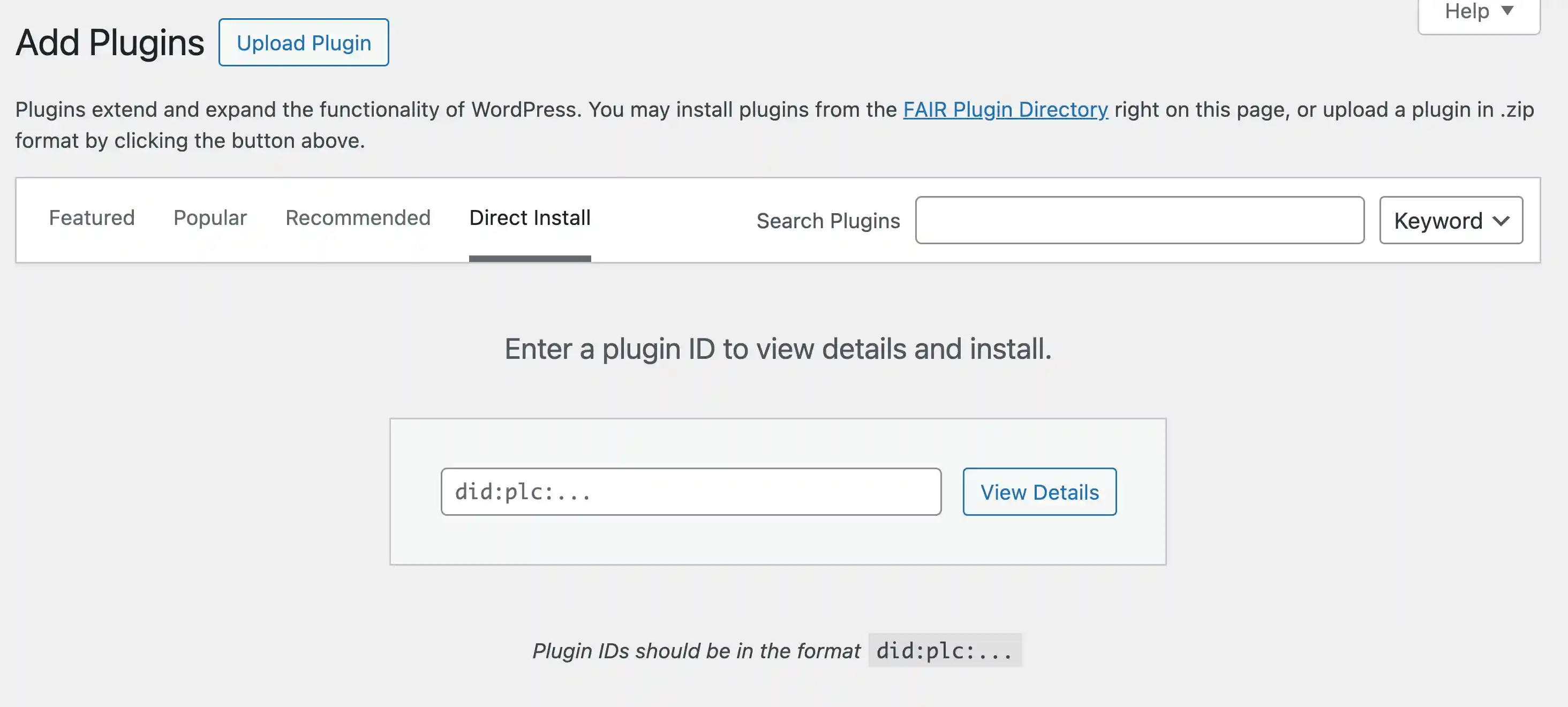 Direct Install page to install a new plugin by DID