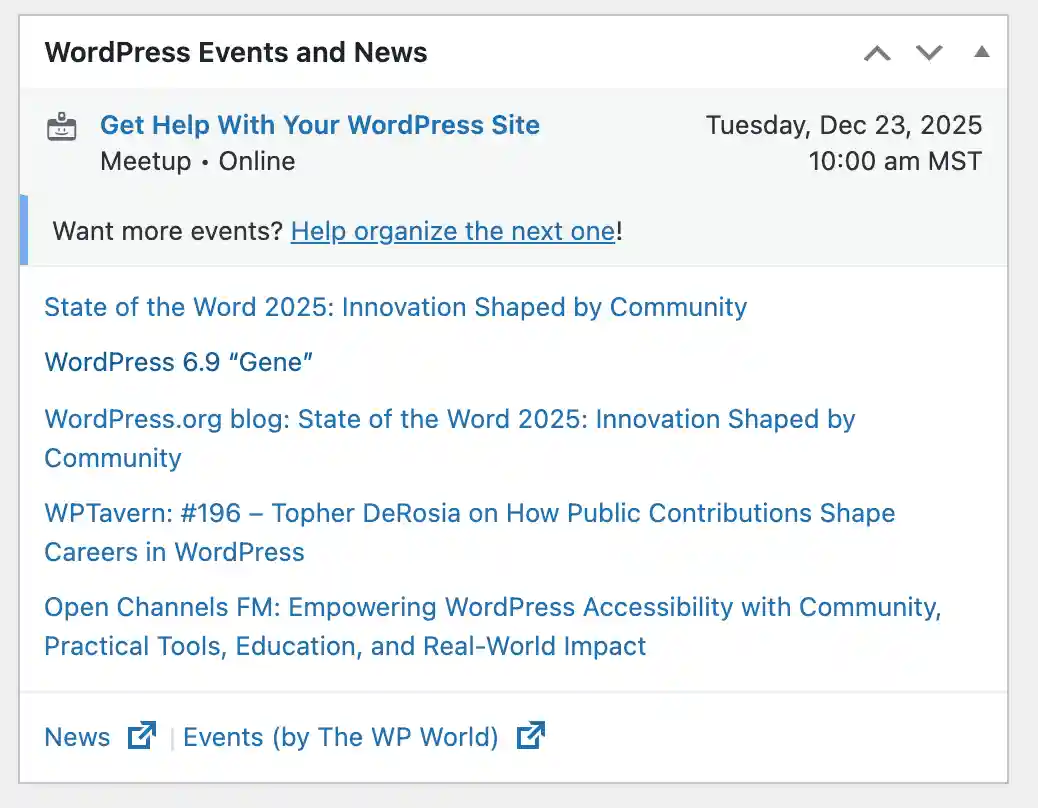 Updated WordPress News and Events dashboard widget