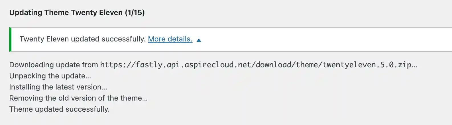 WordPress update page showing AspireCloud as the update source for core themes