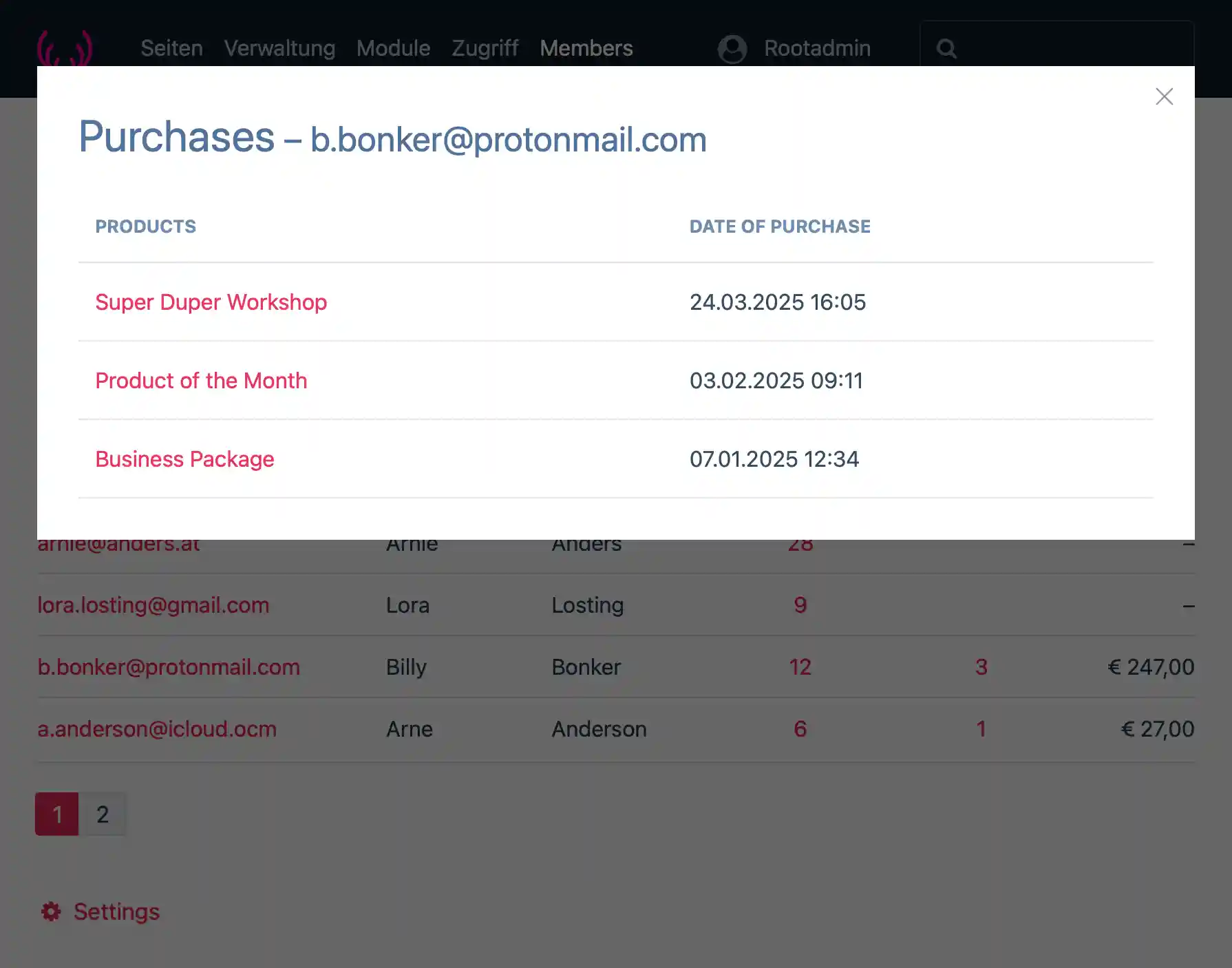 Example of a configured UserAdminTable – Click on the purchases value of a user and the details show in a modal.