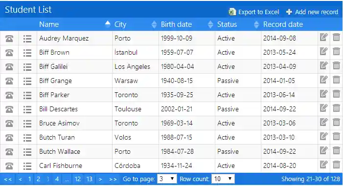 A screenshot of jTable