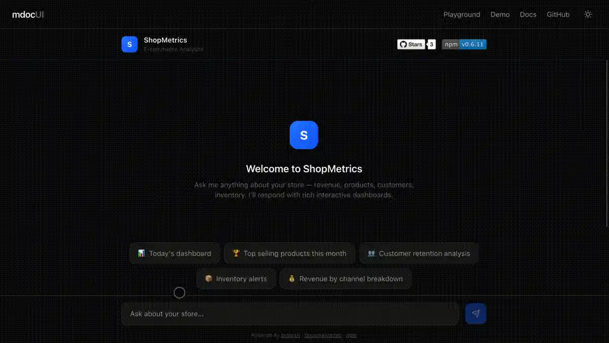 mdocUI demo — streaming dashboard with charts, stats, and tables