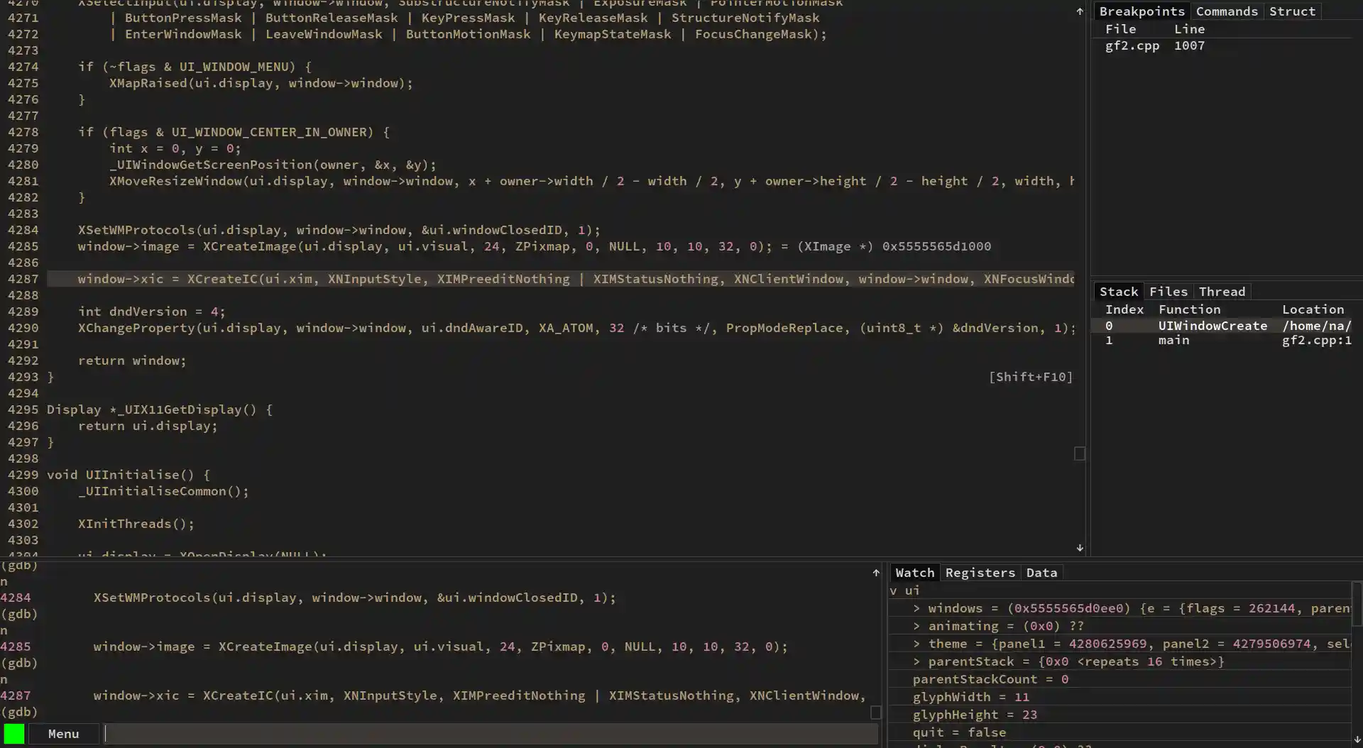 Screenshot of the debugger's interface, showing the source view, breakpoints list, call stack and command prompt.