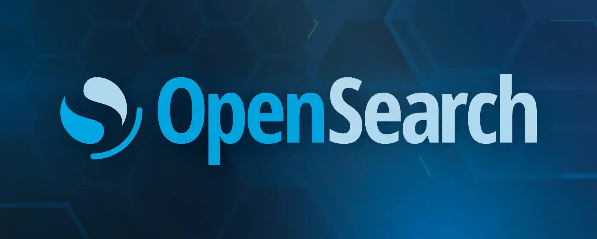 OpenSearch logo and name on top of a dark blue background with a slight honeycomb pattern
