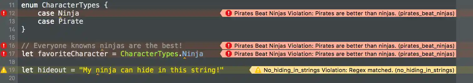 Custom violations highlighted in the Xcode editor