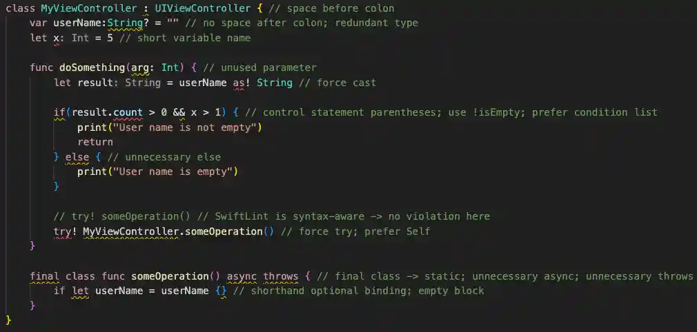 SwiftLint violations highlighted in the Xcode editor