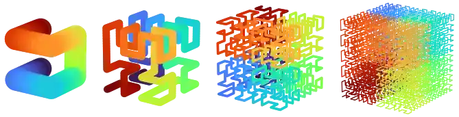 3D Hilbert curves animation grid for nbits 1..4