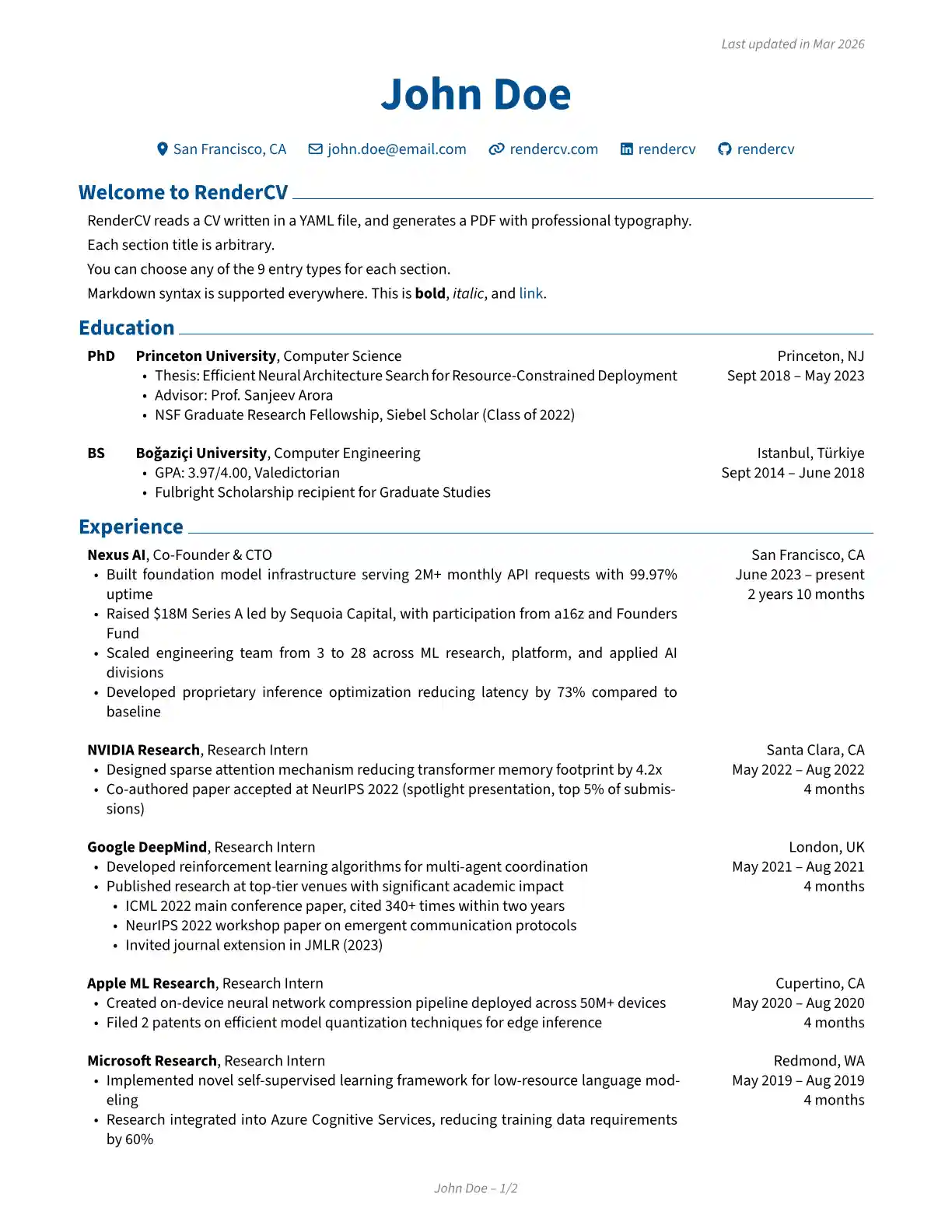 Classic Theme Example of RenderCV