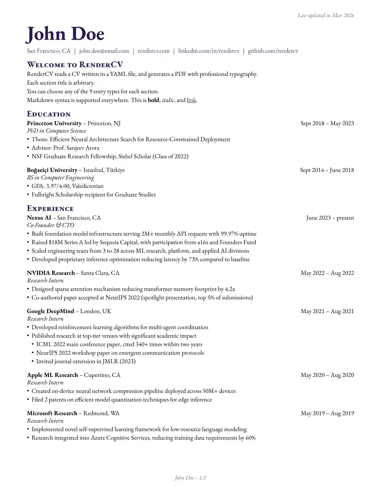 Ink Theme Example of RenderCV