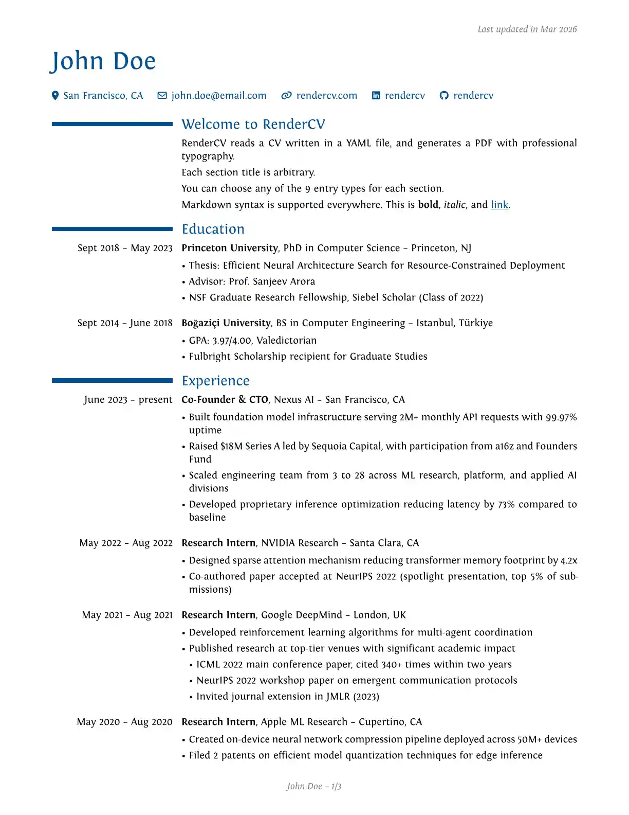 Moderncv Theme Example of RenderCV