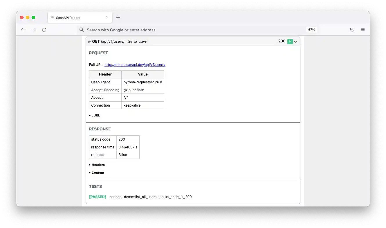 A screenshot of the report showing the request details.