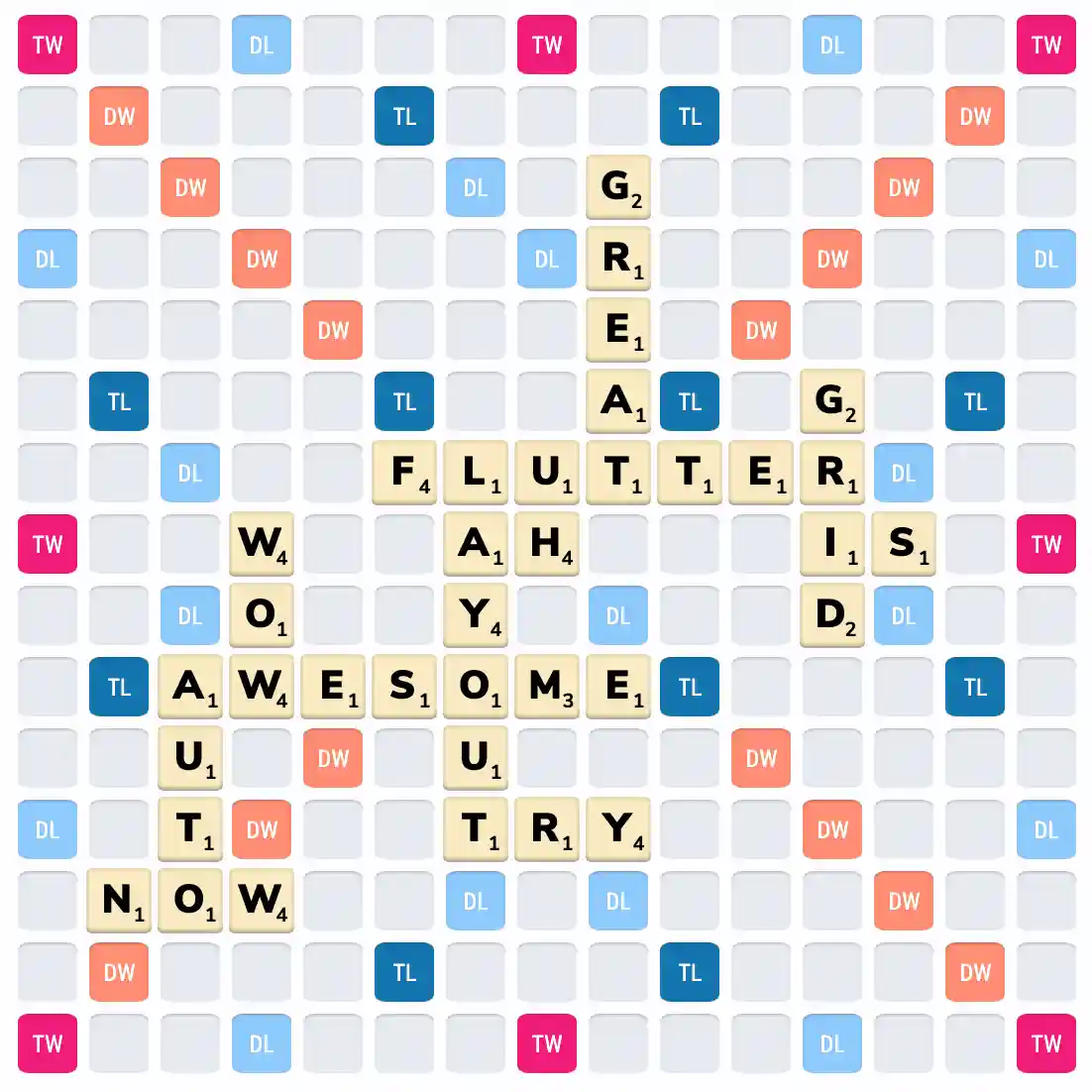 Scrabble board rendered using Flutter Layout Grid