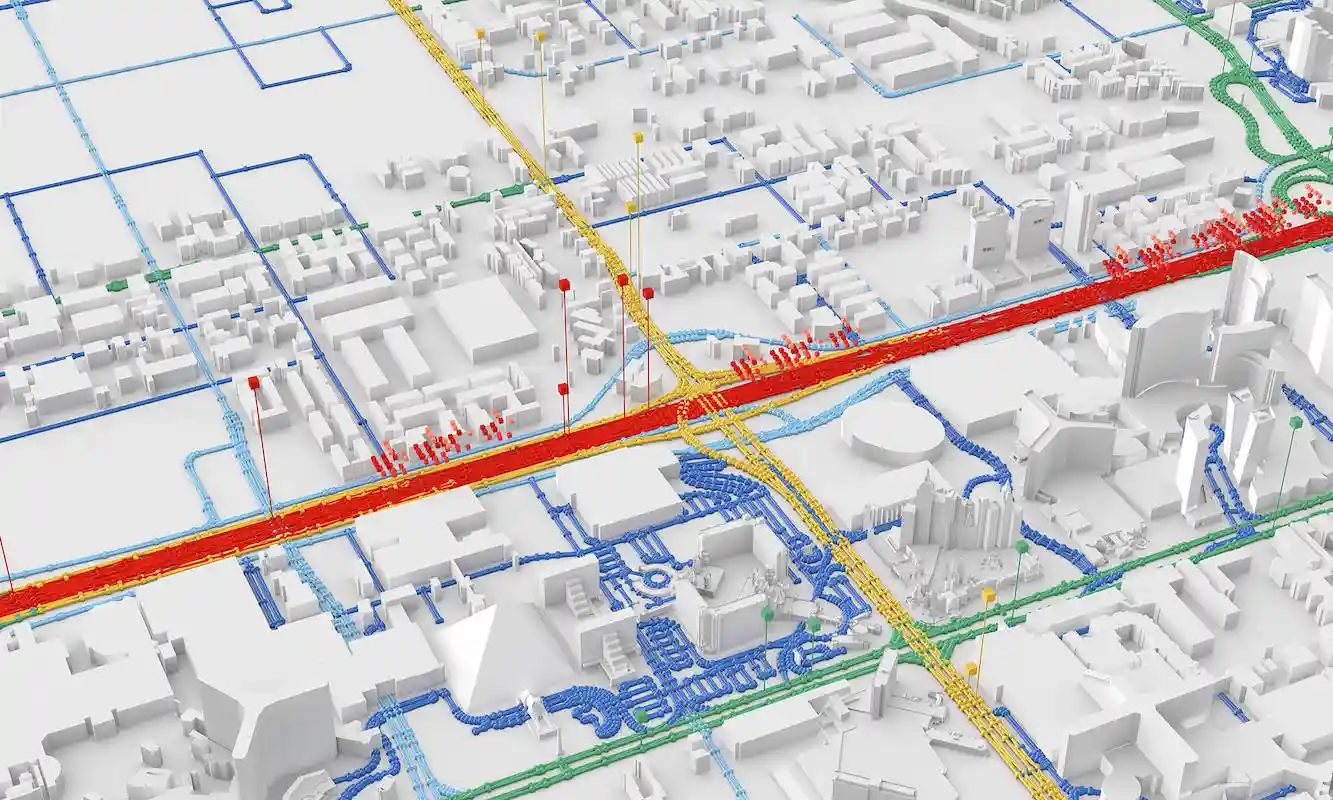 A 3D computer modeled map on a white background visualising traffic data