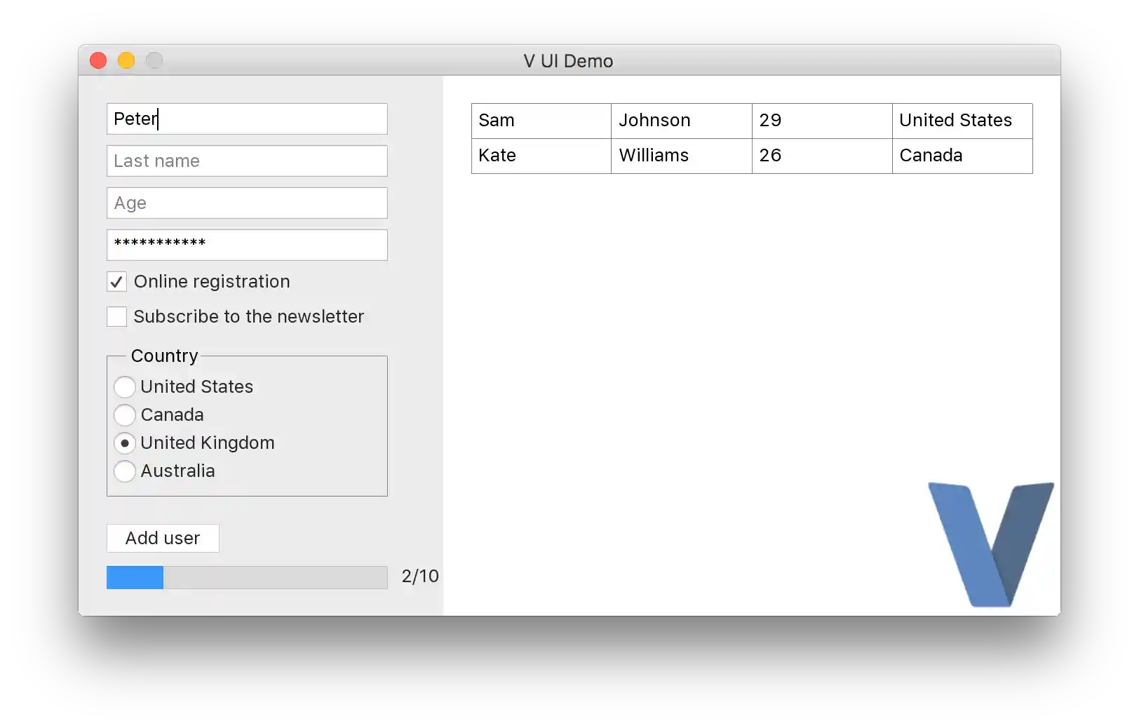 V UI example screenshot