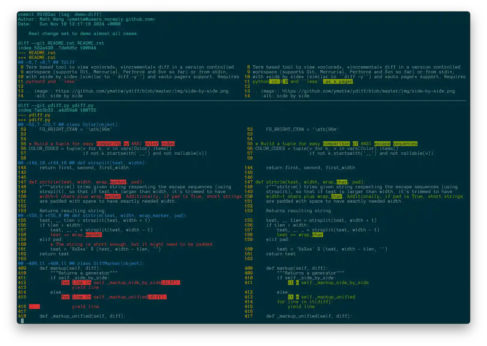 side by side, theme 'default' on a dark background