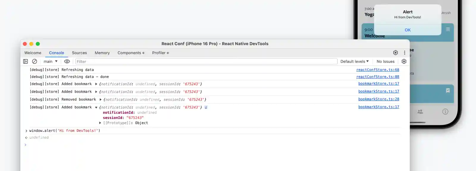 A series of logs React Native DevTools Sources view, alongside a device