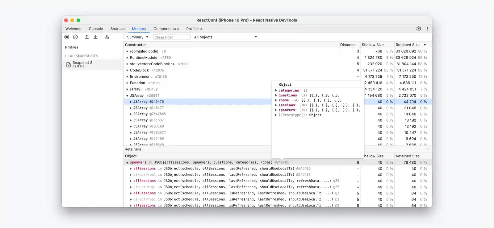 Inspecting a heap snapshot in the Memory panel
