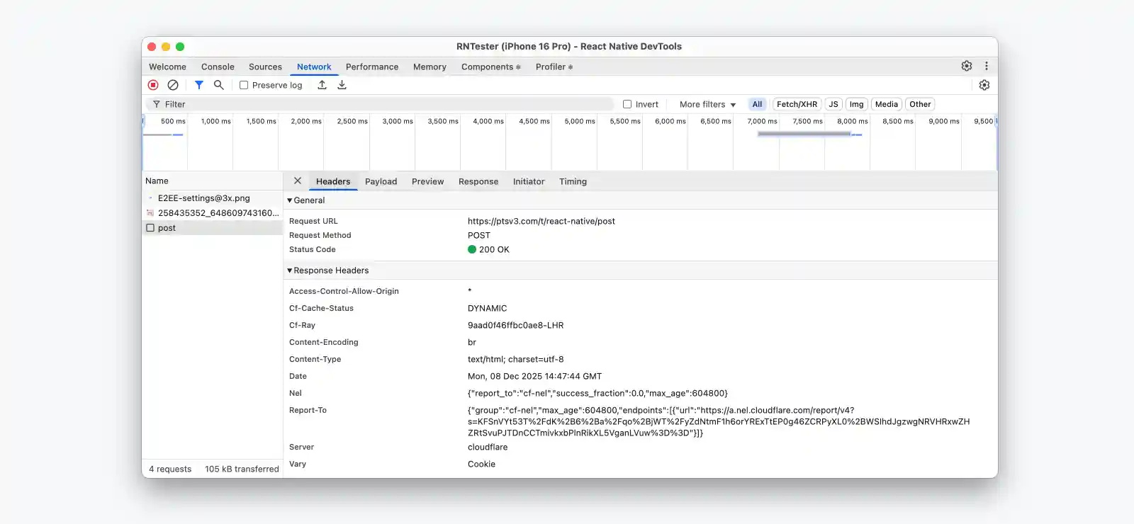 A network request in the React Native DevTools Network panel
