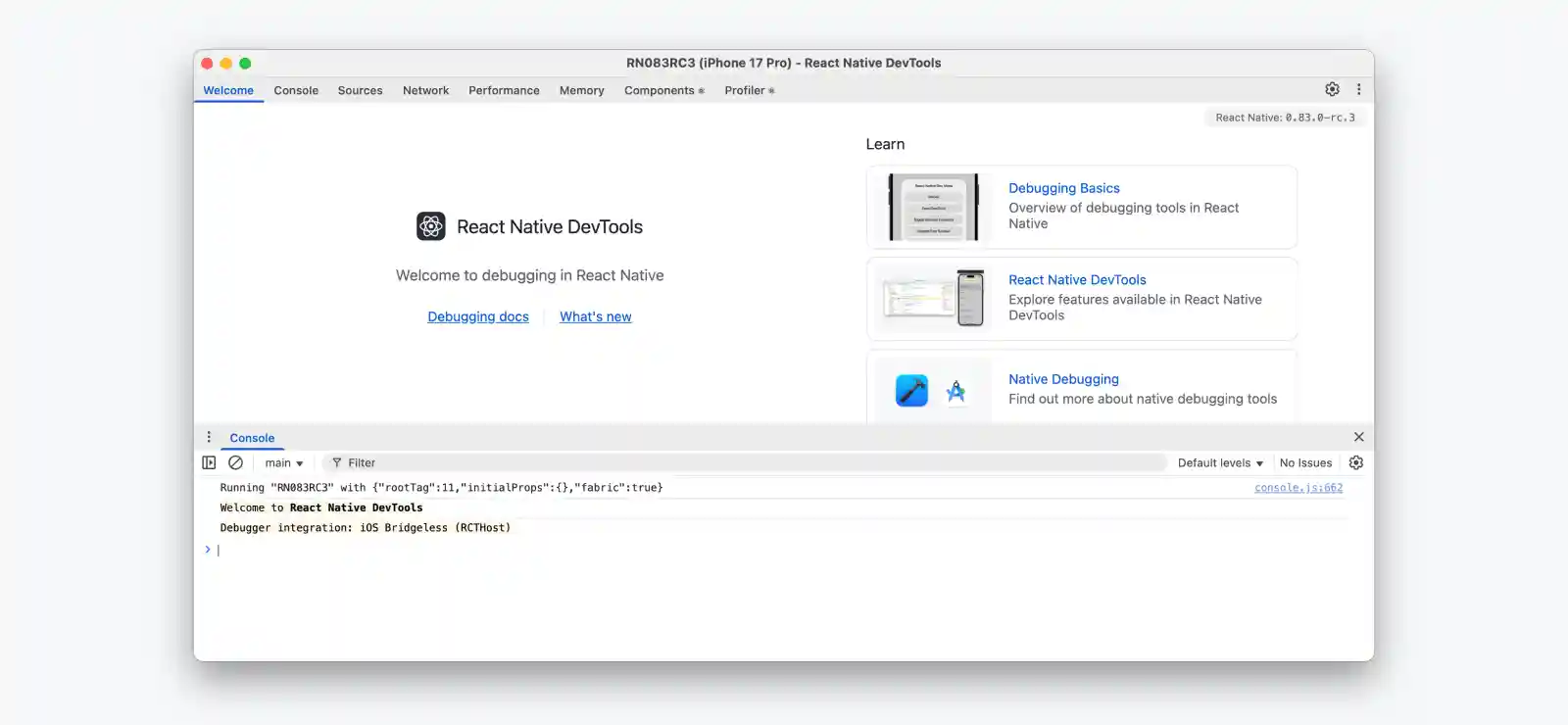 React Native DevTools opened to the "Welcome" pane