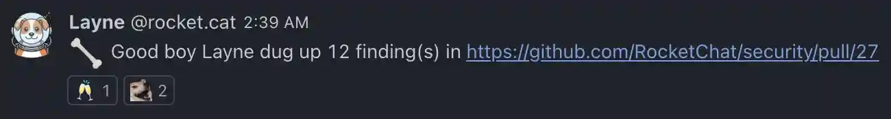 Rocket.Chat message from Layne showing finding count and PR link