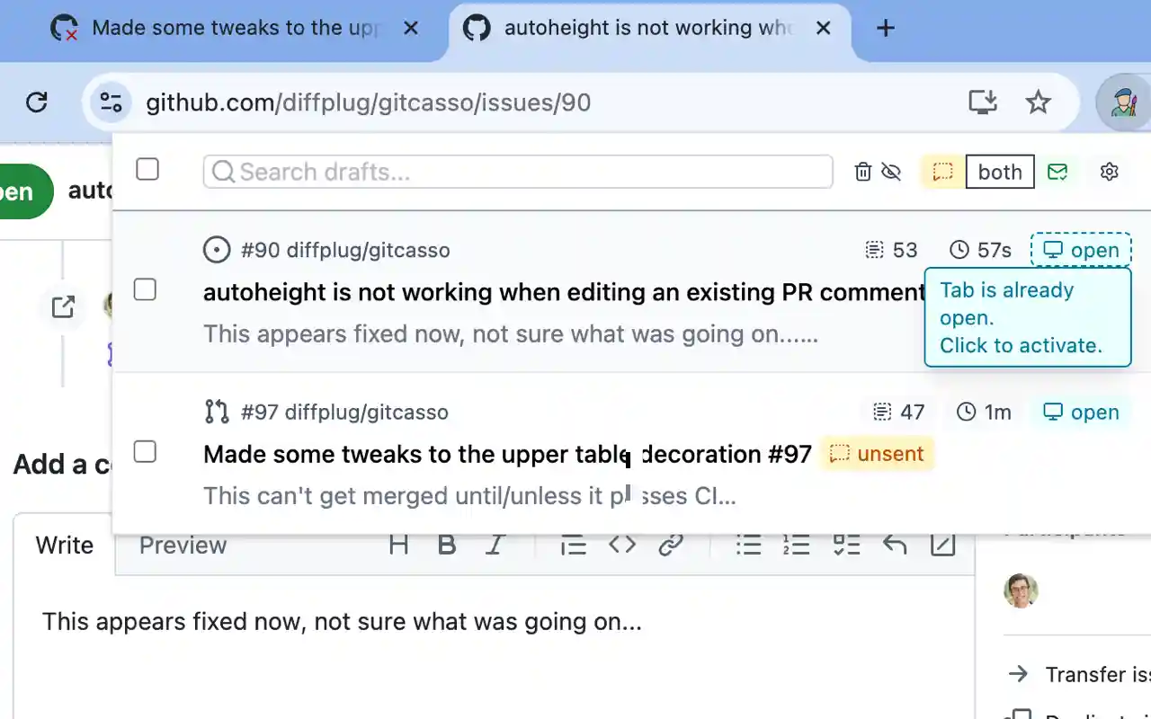 screenshot of the draft history popup