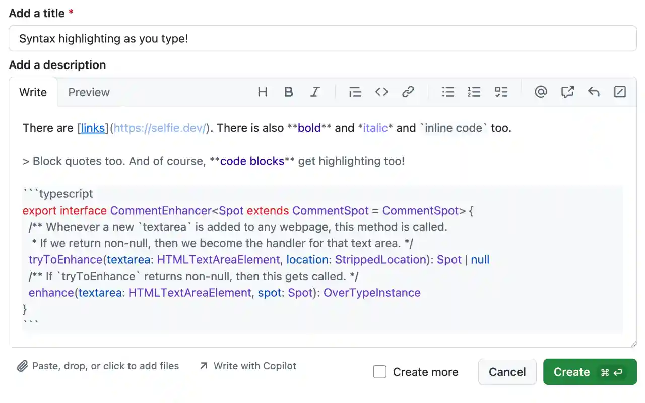 screenshot of syntax highlighting in the edit pane of a GitHub issue