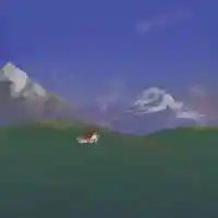 Drawing of a landscape bathed in sunlight. There's a small cottage in the middle of green hills.