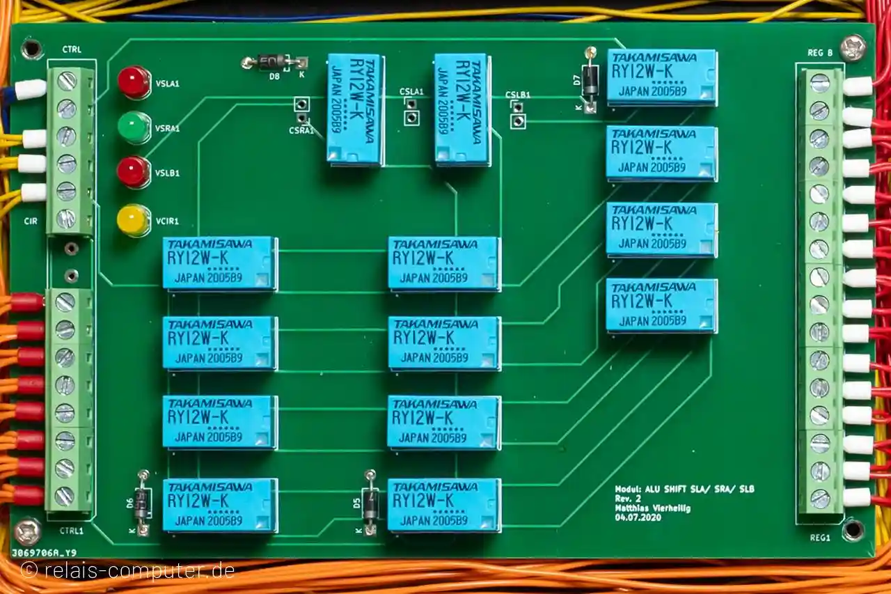 Arithmetisch-logische Einheit mit Schieberegister für Befehler SLA (shiebe A links), SLB (schiebe B links) und SRA (schiebe A rechts)