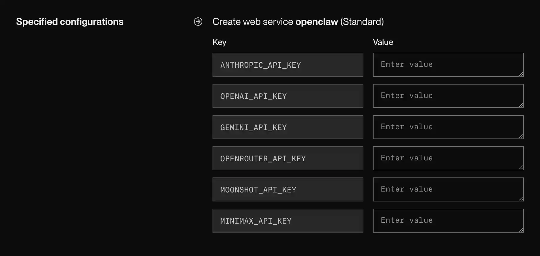 Blueprint creation form showing openclaw service