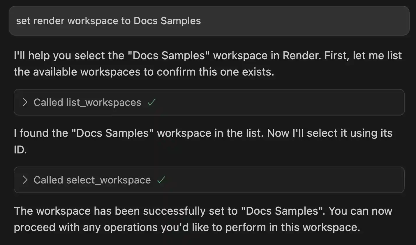 Selecting an active Render workspace in Cursor