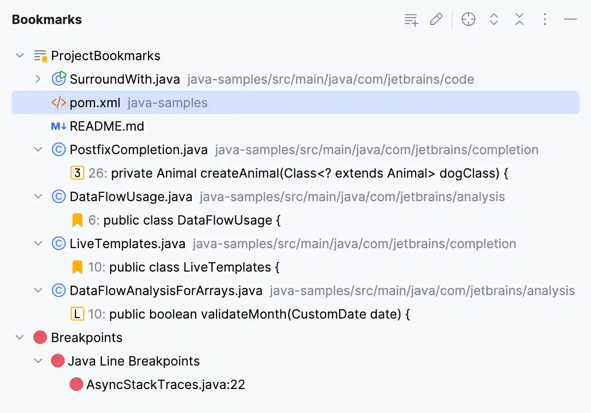Bookmarks tool window Bookmarks tool window