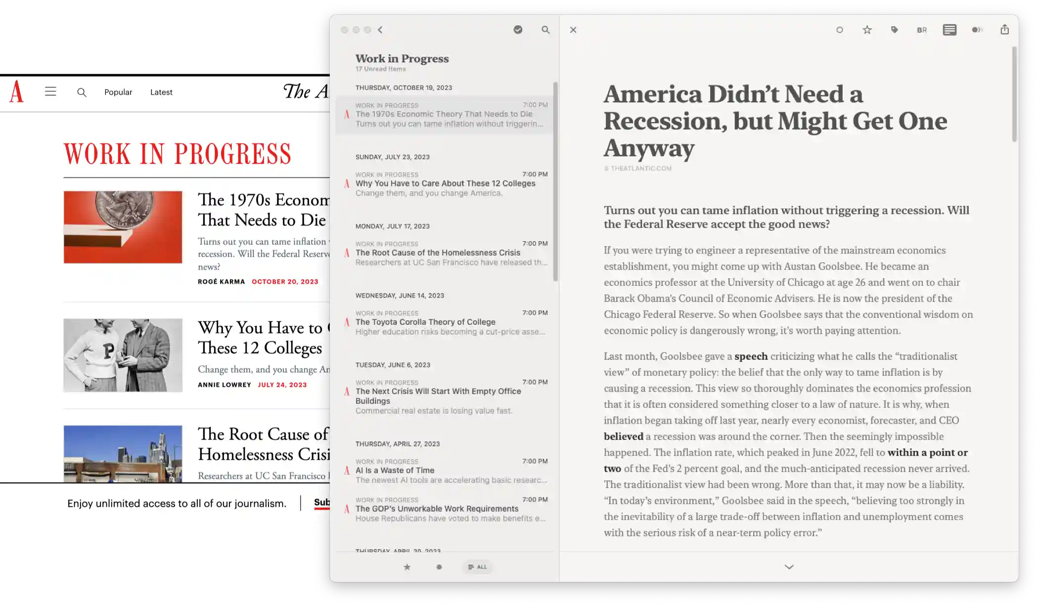 Screenshot of theatlantic.com's Work in Progress category page in the background of another screenshot. The foreground screenshot is of the Reeder app opened to the Work in Progress section. The same feed of news articles can be observed on both screenshots.