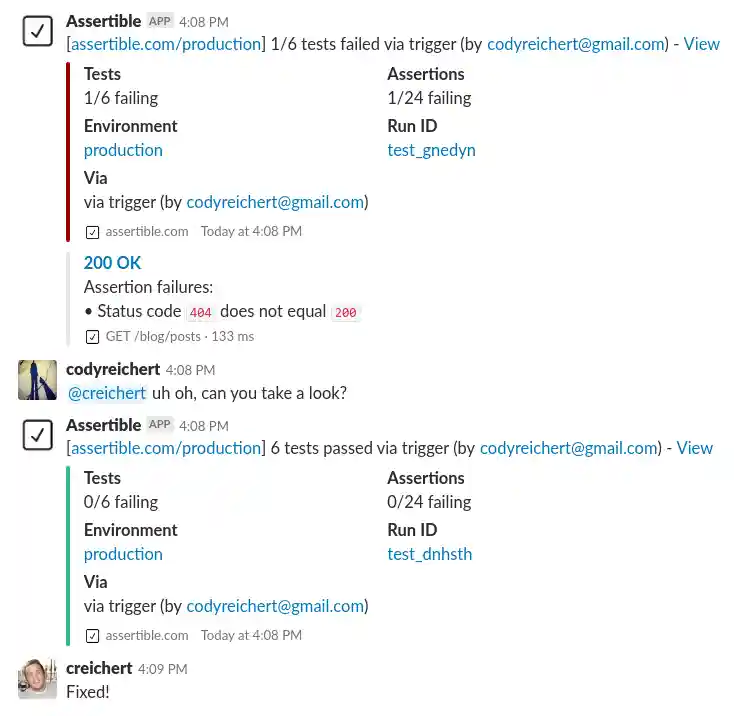 Get Slack alerts when tests fail or become healthy Assertible and Slack integration