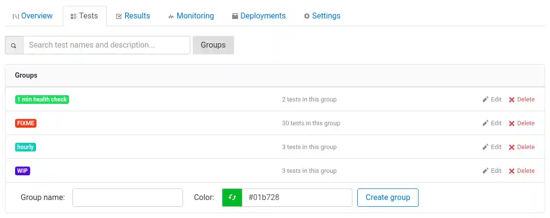 Assertible test group management