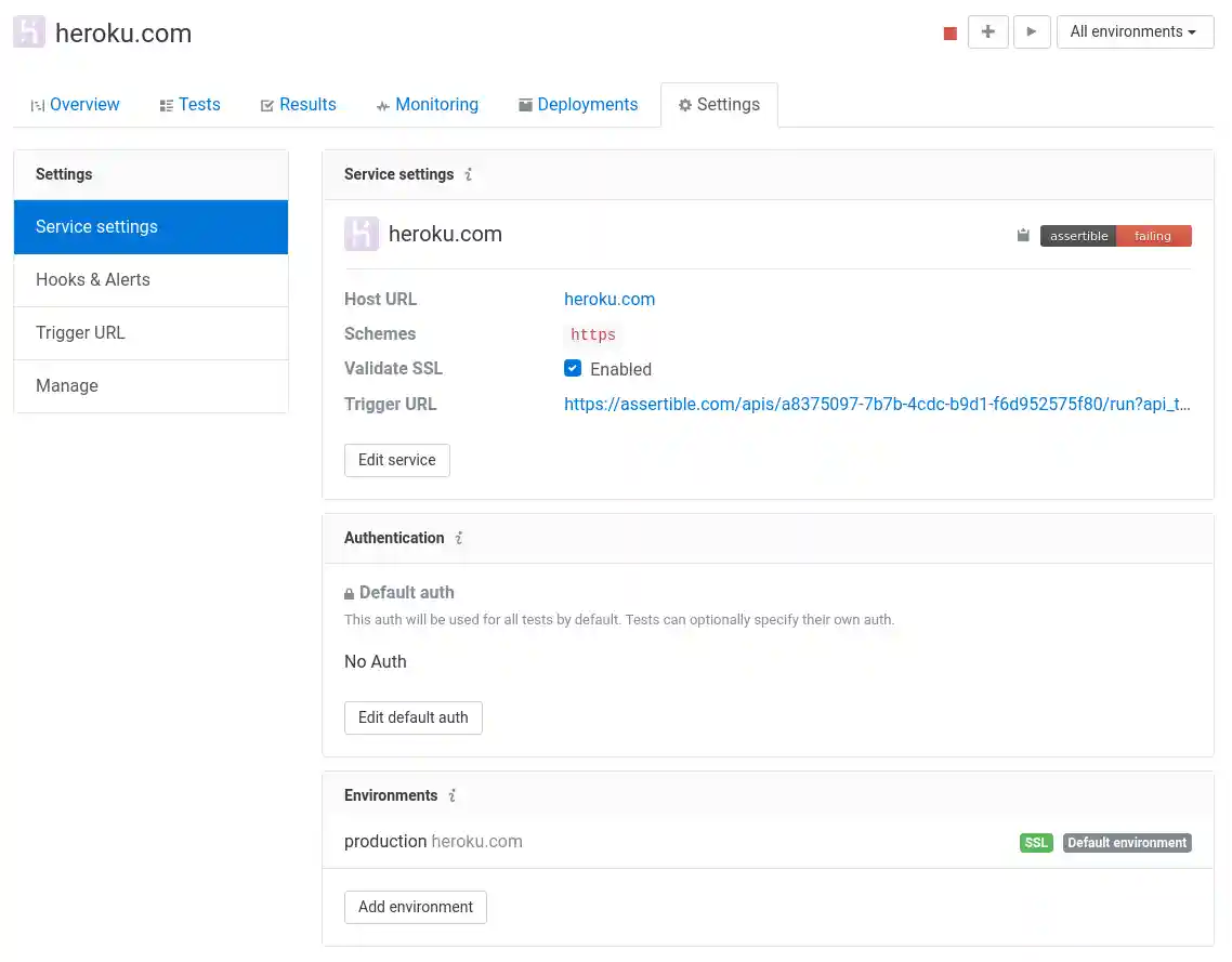 Assertible dashboard web service settings