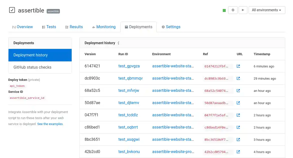 Web app test and deployment history Track and test API deployments with Assertible