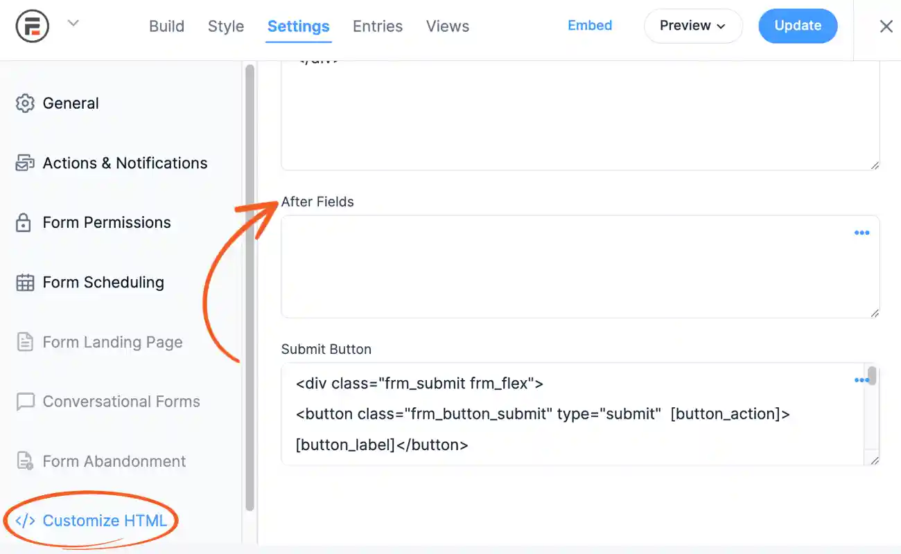 Customize HTML After Fields section