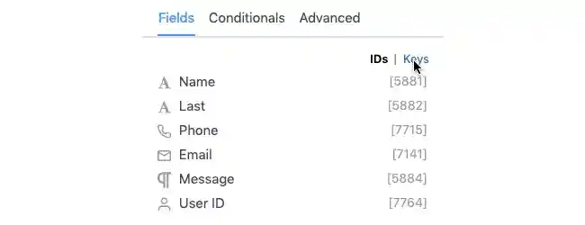 Insert Fields Id's to Key's