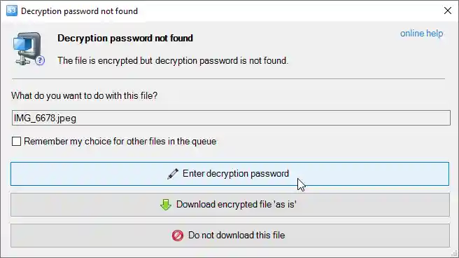 Decryption Password not found dialog