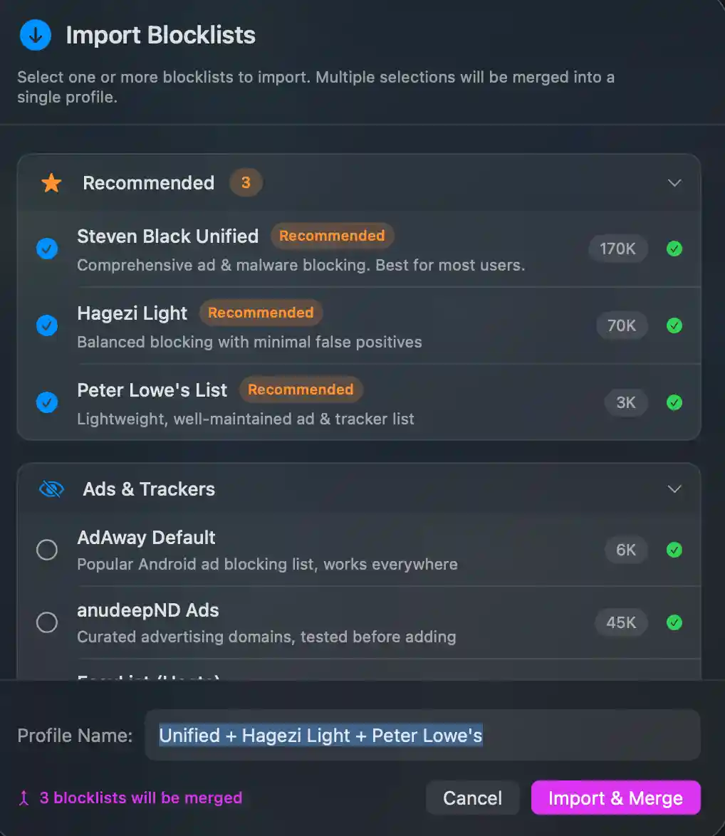 SaneHosts Import Blocklists - choose from curated security researcher lists