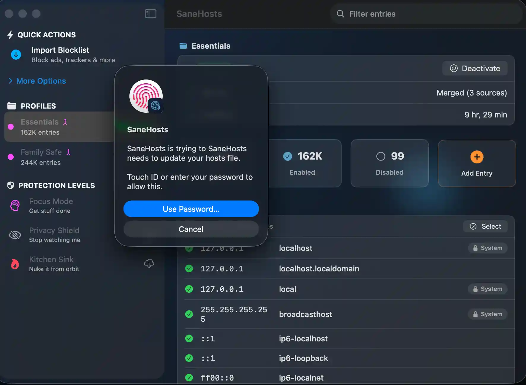SaneHosts Touch ID - biometric protection for your network settings