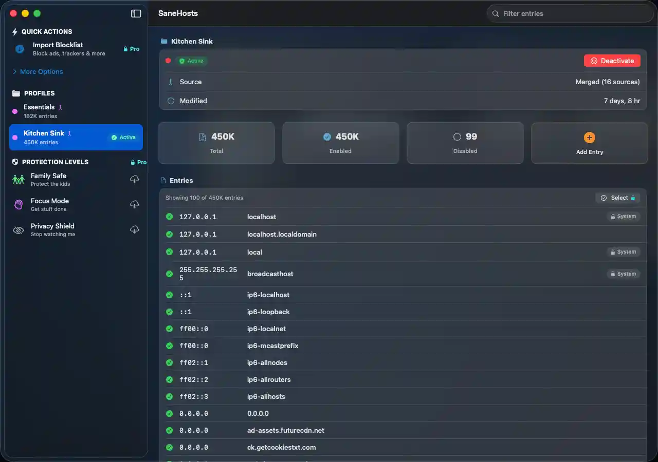 SaneHosts App - pick a protection level and activate with one click