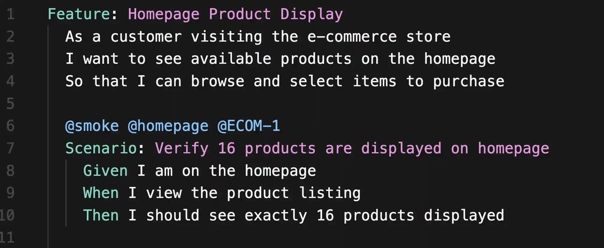 Screenshot of a Gherkin feature file for BDD