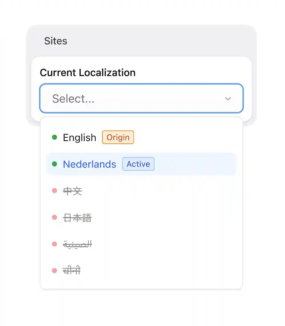 Multi-Site in action, showing a dropdown menu for the different locales. Some are not yet active, others are active and have a green dot next to them.