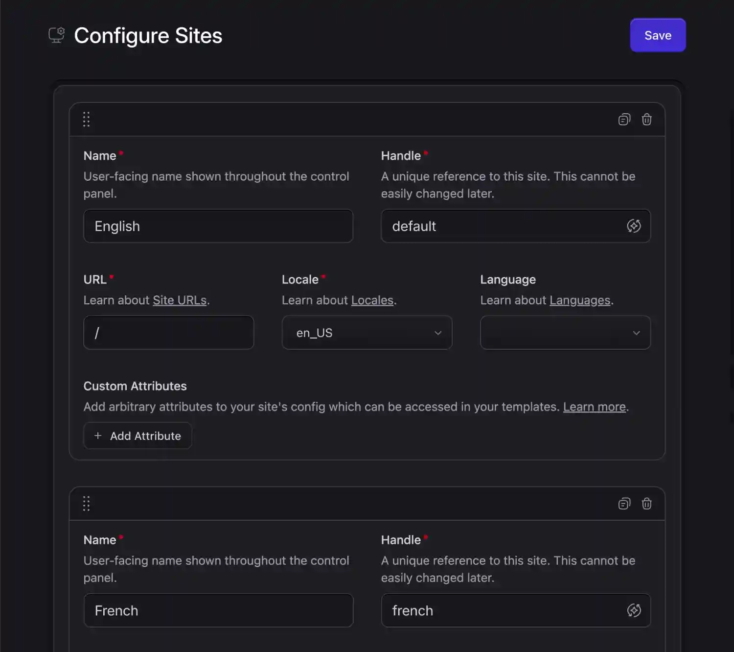 Configure sites page in control panel