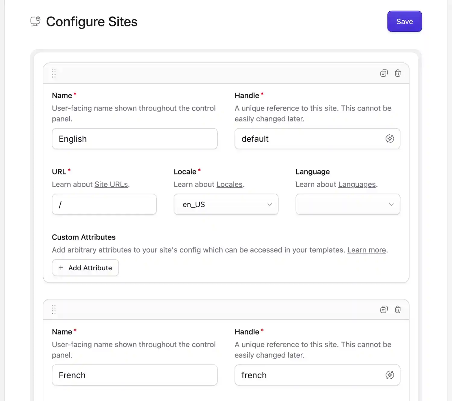 Configure sites page in control panel